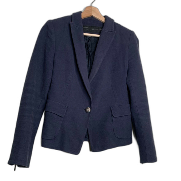 Zara Basic Schoolboy Blazer Knit Navy Blue Womens Sz M Zip Cuffs Single Button - Picture 1 of 10
